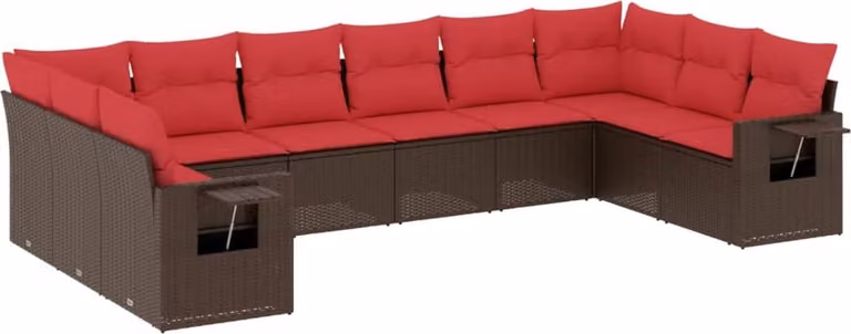 Set Divani da Giardino 10 pz con Cuscini Marrone in Polyrattan
