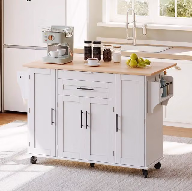Isola cucina mobile in MDF con piano allungabile; cassetti e ripiani regolabili; 136 x 70 x 92 cm; bianco e naturale