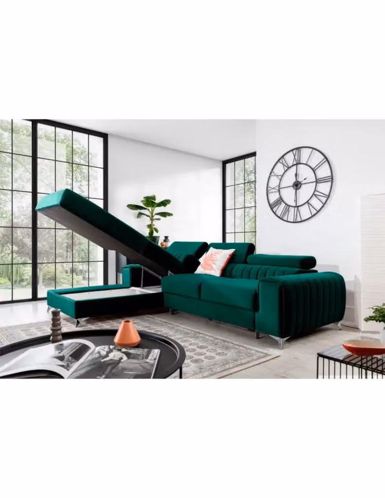 Divano ad angolo sinistro JAYSON MEUBLORAMA in velluto verde con funzione letto e pouf coordinato, moderno e con poggiatesta regolabile, L/P/H: 278 x 205 x 92 cm – 2