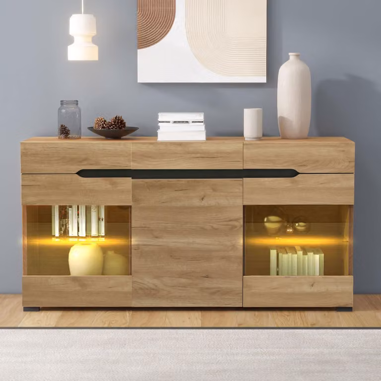 Credenza Merax con strisce luminose a LED, comò moderno con 3 ante e 3 cassetti, credenza con ripiano in vetro, nero + legno