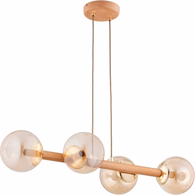 Lampada a sospensione ALFA Rosari in legno e vetro ambra con 4xE14 dimmabile