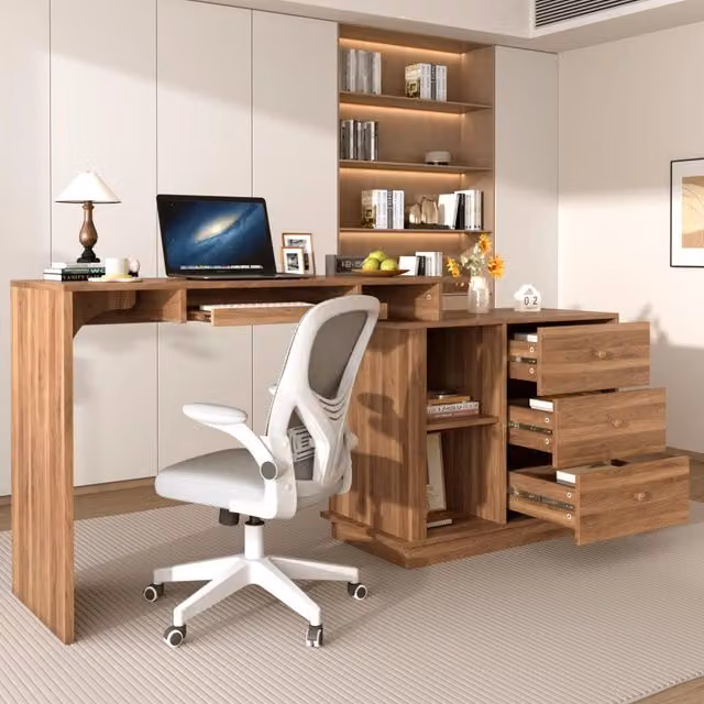 Scrivania multifunzione estraibile 110 cm in MDF, color noce, con vano tastiera e 3 cassetti