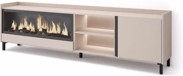 Mobile TV Soggiorno, 212x61x35 cm, Per TV fino a 80", Camino elettrico XXL, Design industriale, LED, Beige