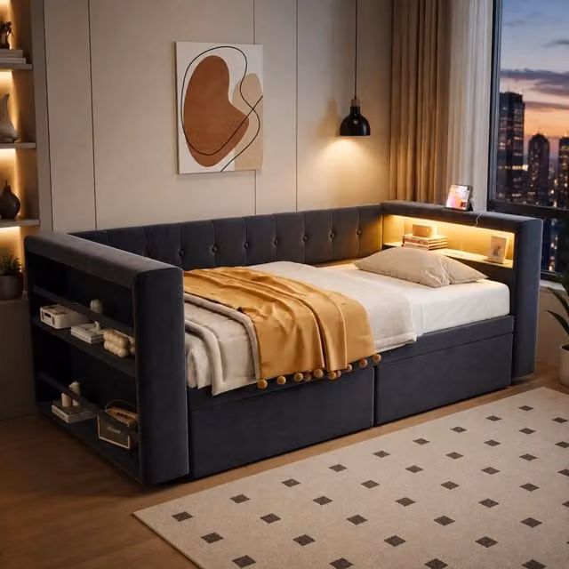 Letto singolo multifunzionale 90 × 190 cm con LED presa e cassetti in flanella grigio scuro