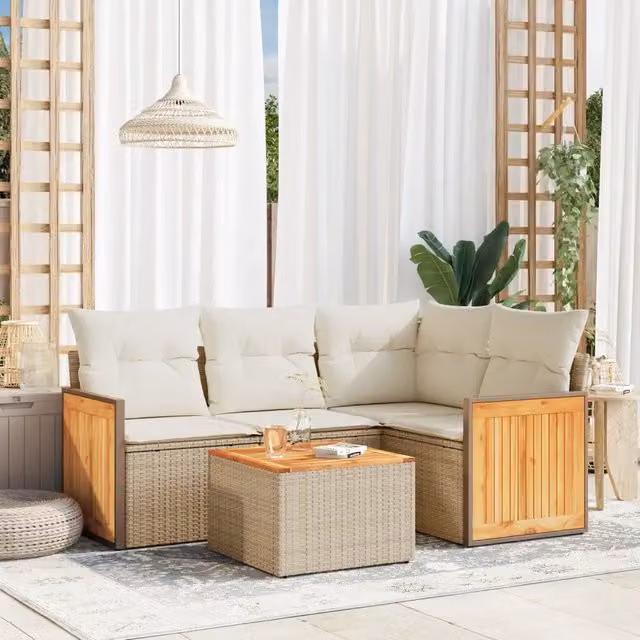 Set Divano da Giardino Moderno a L VIDAXL in Polyrattan con Cuscini Beige 5 Pezzi
