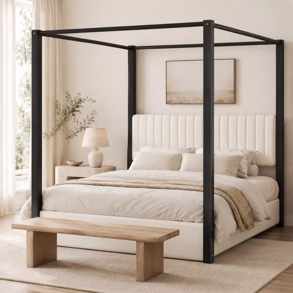 Letto a baldacchino Mivray con testiera imbottita in velluto, struttura in MDF e metallo, beige e nero, L: 180 cm, P: 200 cm, H: 206 cm – 2