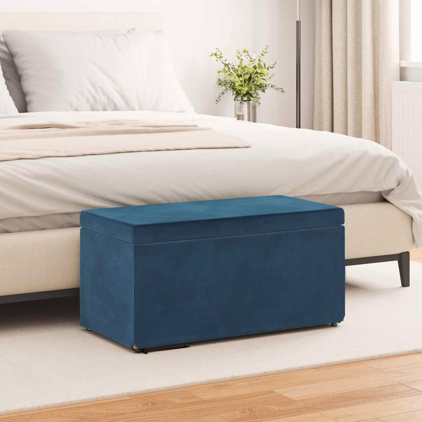 Pouf blu moderno vidaXL in velluto e legno con struttura rettangolare L: 81 cm, P: 41 cm, H: 40 cm