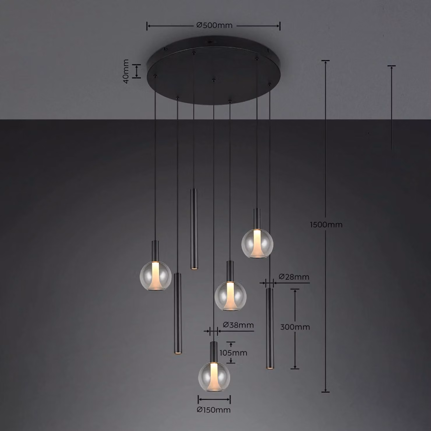 Trio Lighting Lampada a sospensione Melaro, dimmerabile, Nero, Soggiorno / Sala da pranzo, Metallo, Lampada a sospensione