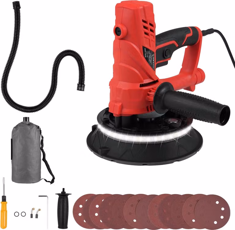 Levigatrice per cartongesso - Utensile manuale - 850 W - Aspirazione automatica della polvere - Velocità regolabile fino a 2600 giri/min - Platorello da 180 mm - Spina UE da 220 V - Rosso