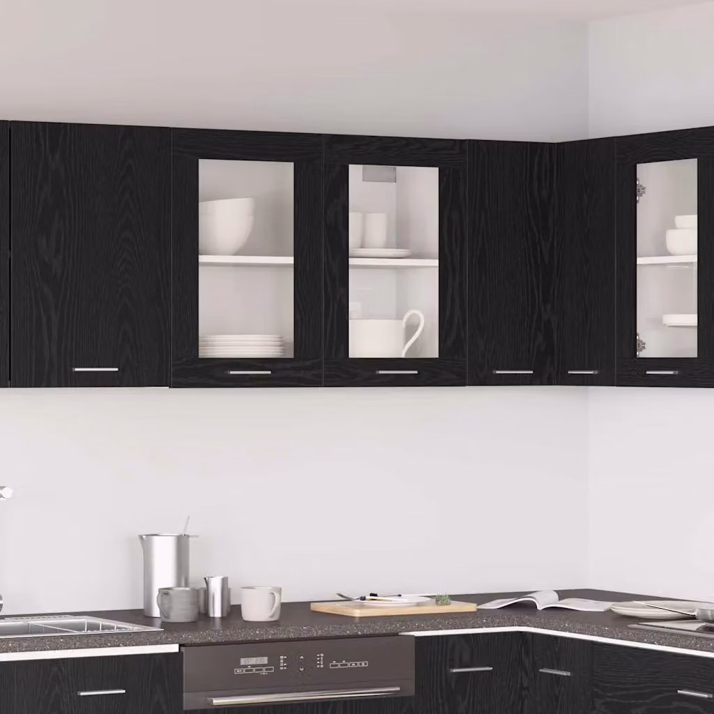 Armadio pensile da cucina moderno vidaXL Lyon con ante in vetro, colore nero, L 80 x P 31 x H 60 cm