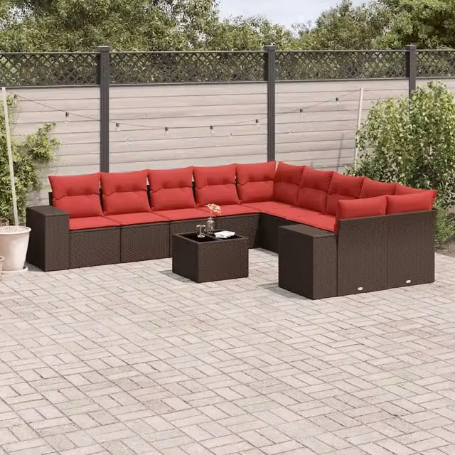 Set Divani da Giardino 11 pz con Cuscini Marrone in Polyrattan 3223123