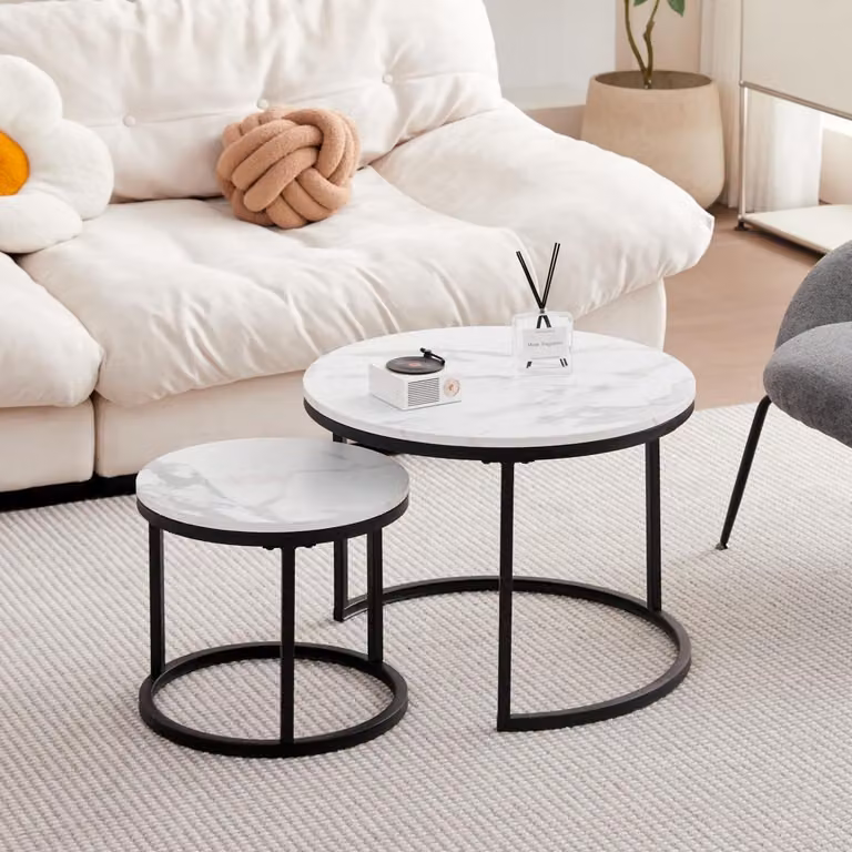 Set di tavolini da caffè rotondi, impilabili, effetto marmo, bianco e nero, dimensioni 60x45 cm e 40x35 cm