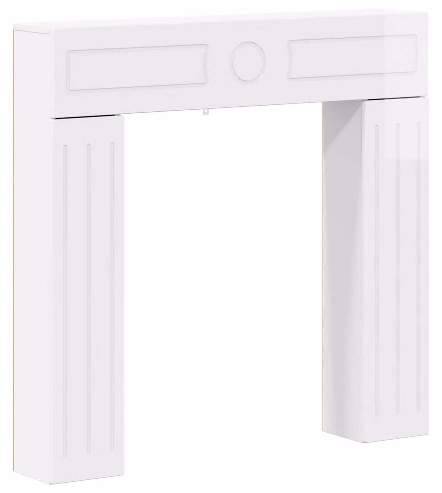 Cornice per camino, finitura lucida bianca, dimensioni 102 x 18 x 100,5 cm, realizzata in materiale composito di legno