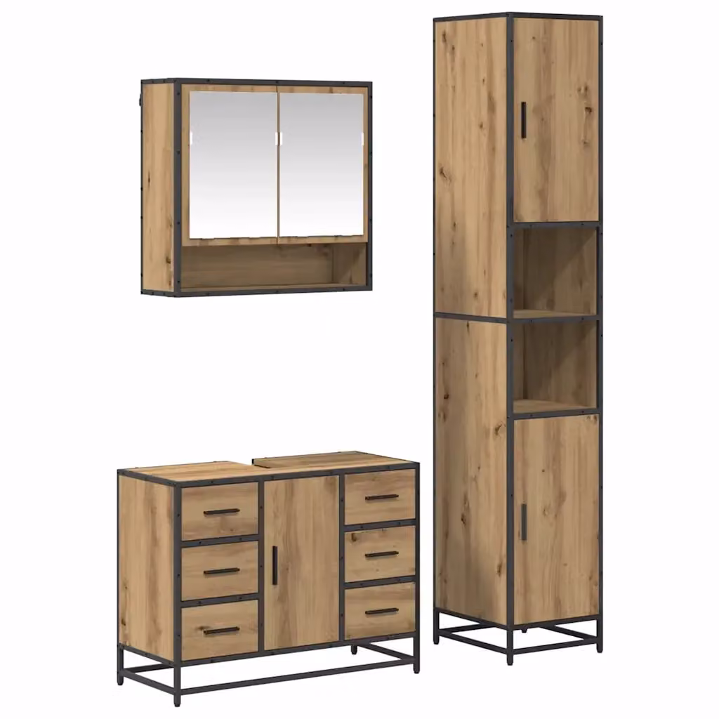 Set di mobili per bagno moderno vidaXL in 3 pezzi color rovere con armadietto a specchio, mobile lavabo e colonna alta – 2