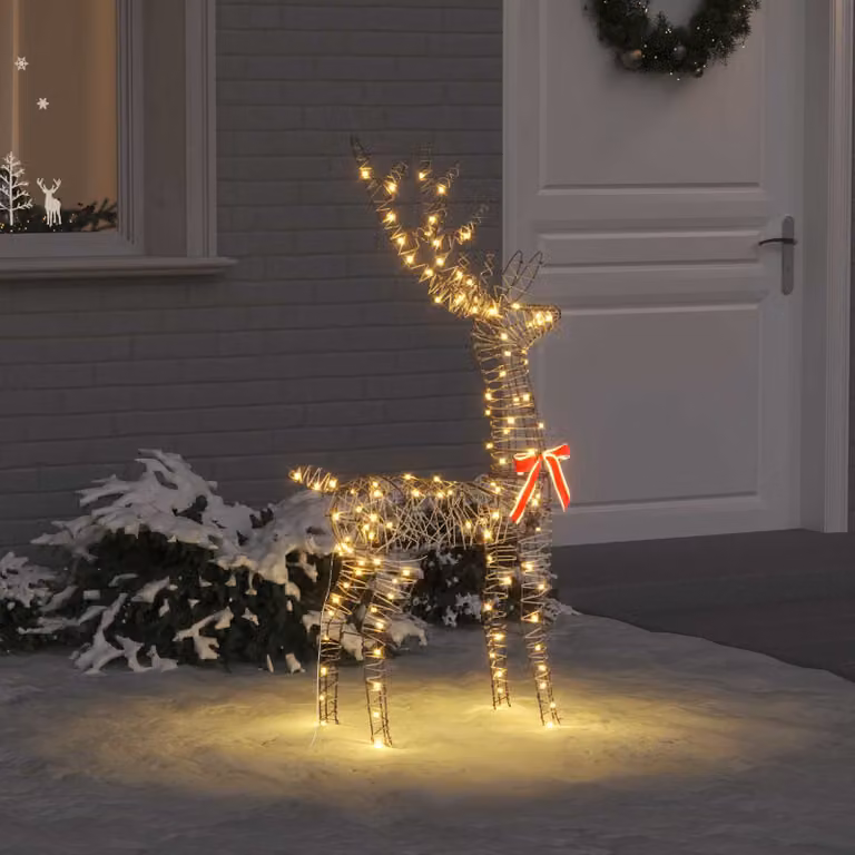 vidaXL Renna 3D decorazione luminosa con 140 LED bianco caldo in rattan e metallo, L: 70 cm, P: 41 cm, H: 128 cm