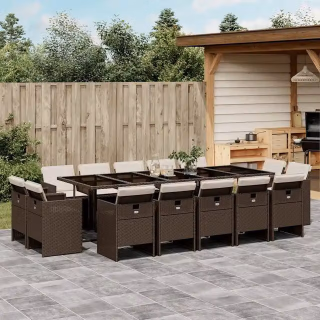 Set da pranzo da giardino vidaXL in polyrattan marrone con 15 pezzi e cuscini – 1