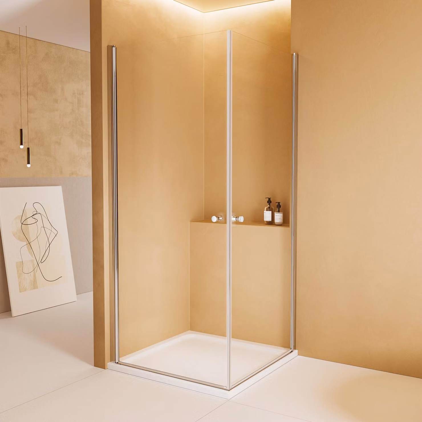 Cabina doccia EMKE 80x80 cm con ingresso angolare e 2 porte a battente, divisorio doccia con rivestimento nano, vetro di sicurezza ESG, funzione di sollevamento/abbassamento, altezza: 185 cm