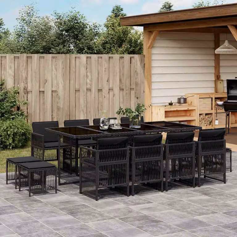 Set da pranzo da giardino vidaXL in polyrattan nero con cuscini e piano in vetro, 13 pezzi