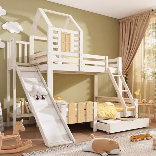 Letto a castello a casetta 90x200 + 140x200 cm con scivolo, scala, cassetto e doghe, bianco e legno, certificato EN747