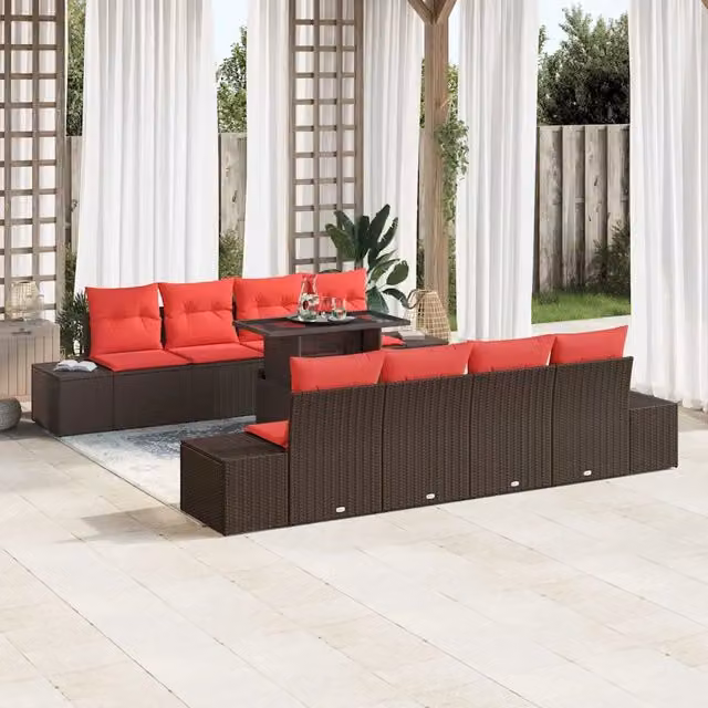 Set Divano da Giardino 9 pz 8-Numero di posti Marrone e Rosso 3349150