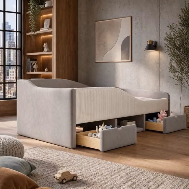 Letto per bambini 201x98x52 cm in velluto grigio con contenitori, senza materasso -