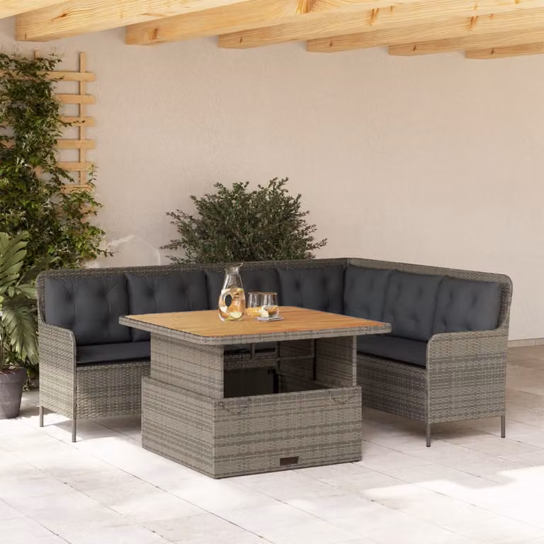 Set Divano da Giardino a L vidaXL in Polyrattan con Cuscini e Tavolino da Esterno Grigio e Marrone