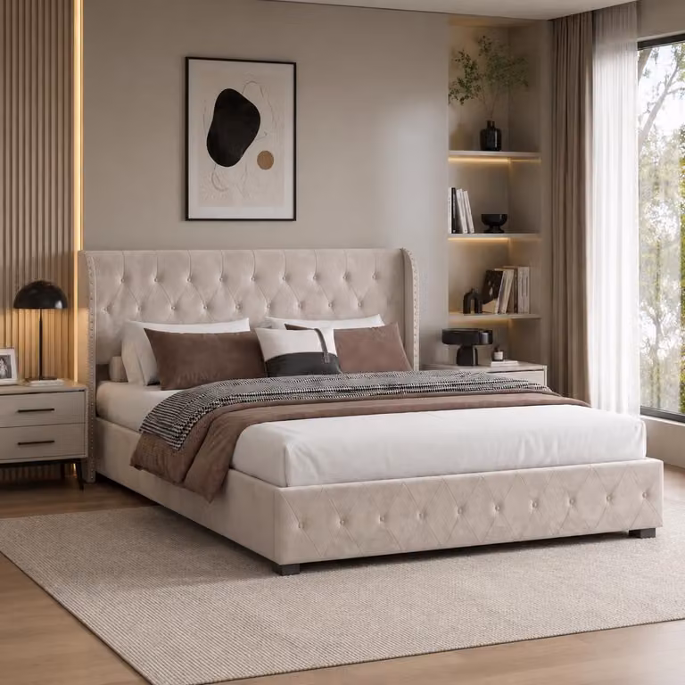 Letto imbottito INONEFT 140x190 con spazio contenitore, letto a molle con sistema idraulico, letto singolo per ragazzi con rete a doghe, senza materasso, in velluto, color beige