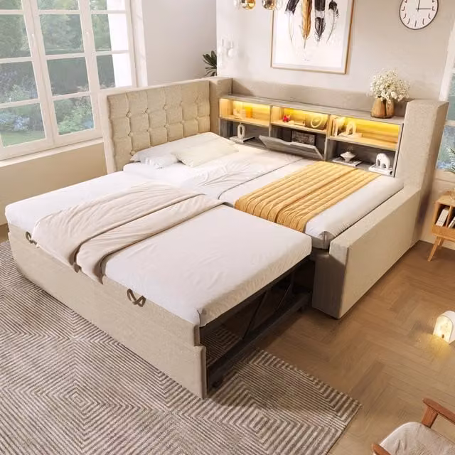 Letto divano 1 posto 90×200 cm con letto estraibile 90×190 cm, LED, USB e vano contenitore, senza materasso beige