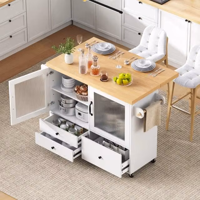 Isola da cucina con ruote, MDF bianco e legno, piano estraibile 100 x 42-70 x 91,5 cm