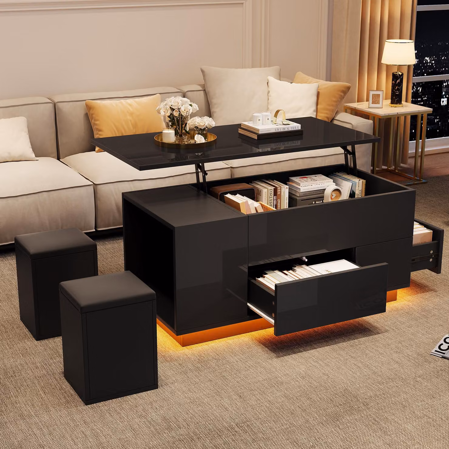 Tavolino da salotto, dimensioni 100 x 50 x 45 cm, con piano regolabile in altezza, realizzato in pannello di particelle nero, dotato di 2 cassetti, illuminazione LED e spazio contenitivo nascosto