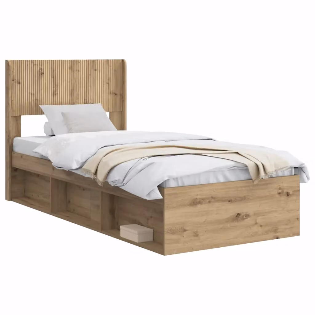 Letto moderno vidaXL con contenitore laterale e testata in rovere, colore marrone, L: 140 cm, P: 193 cm, H: 82 cm – 2