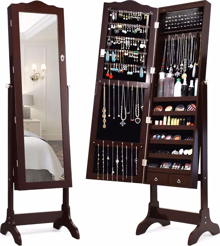 COSTWAY Armadietto per gioielli con 14 luci LED, portagioie con specchio a figura intera richiudibile, armadietto a specchio per gioielli con 4 livelli regolabili per anelli, ganci per collane e orecchini (marrone)