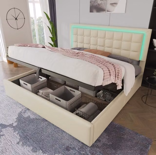 Letto matrimoniale 180x200 cm con contenitore; illuminazione LED; PU bianco