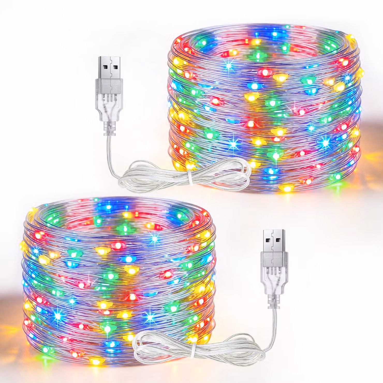 Catena luminosa USB, 5 metri, 50 LED, multicolore, confezione da 2