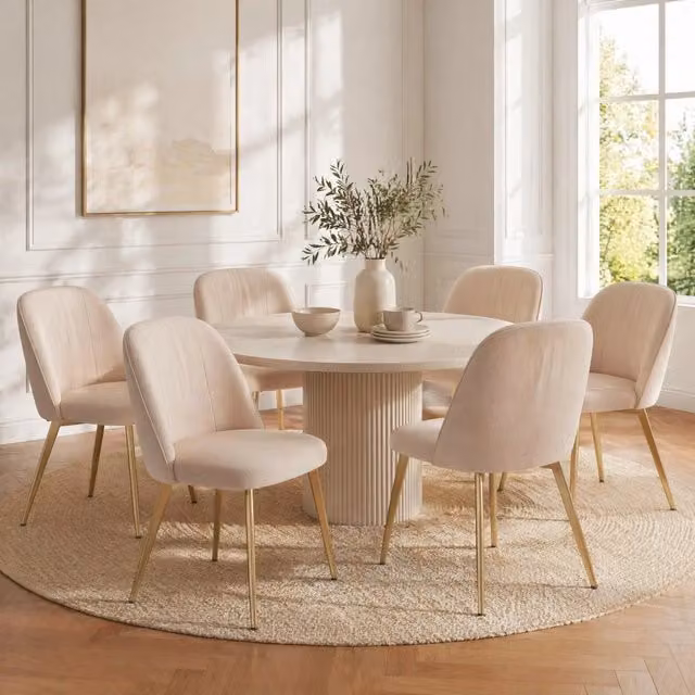 Desviae Sedia da Pranzo Set da 6 con Schienale Ergonomico e Gambe in Metallo, in Velluto Beige e Dorato