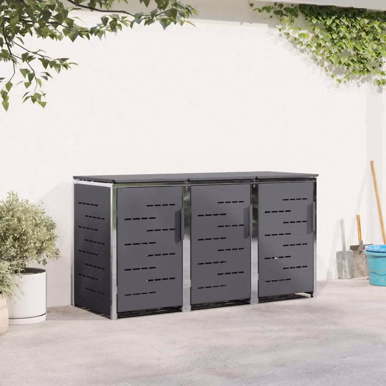 Contenitore per stoccaggio con ruote vidaXL per 3 contenitori da 240L in acciaio inox, colore antracite/grigio, L: 207,0 cm, P: 112,5 cm, H: 77,5 cm