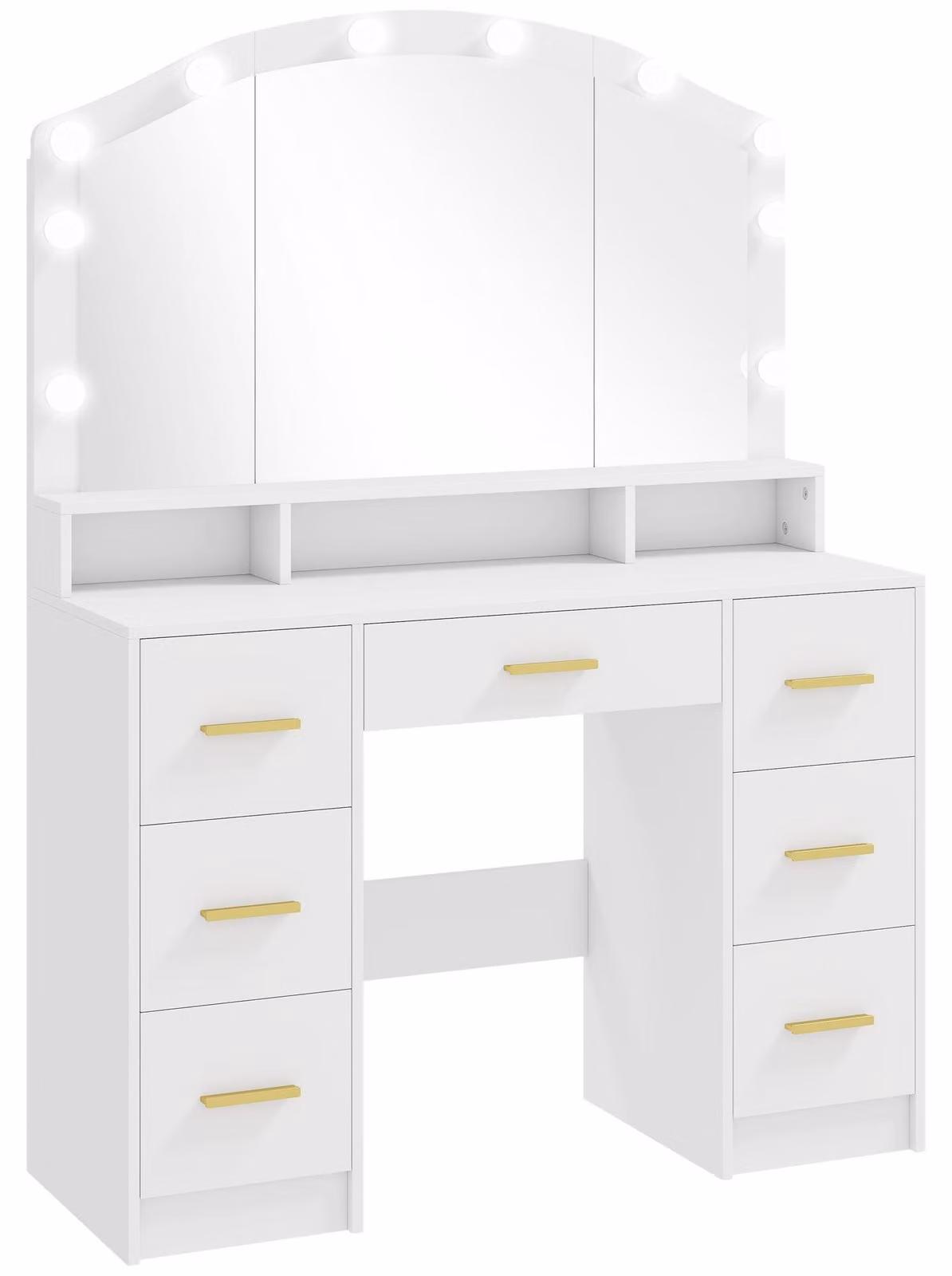 Comò da trucco bianco con specchio e 10 luci a LED in stile Hollywood | Colore: Bianco | Dimensioni: 110x40x150 cm
