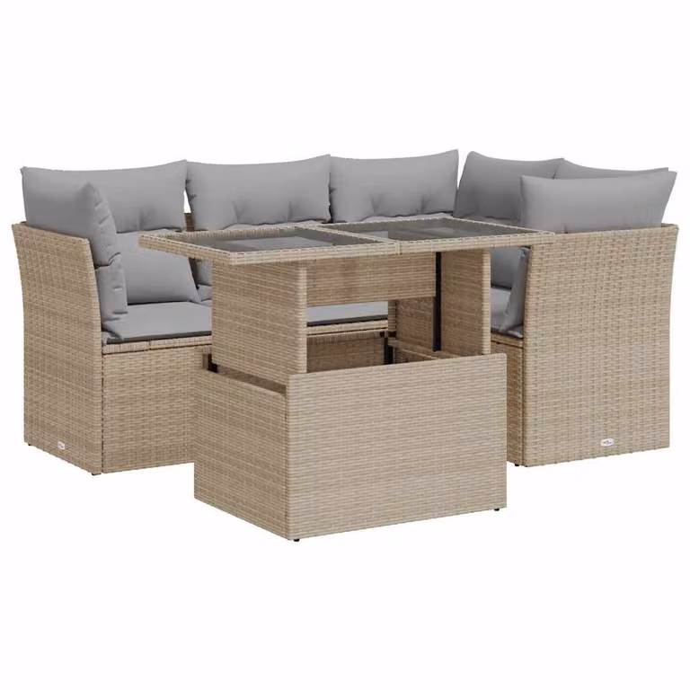 Set Divano da Giardino 5 pz con Cuscini Beige in Polyrattan