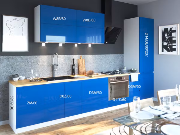 Mobile da cucina FLORENCE con piano di lavoro 372cm bianco frontale segnale blu lucido estensione parziale