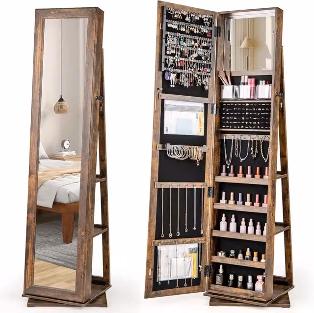 Armadio Portagioie COSTWAY in Stile Industriale con Specchio, Scaffali Interni e Serratura, Disponibile in Marrone o Bianco, H: 159 cm, L: 43 cm, P: 38 cm
