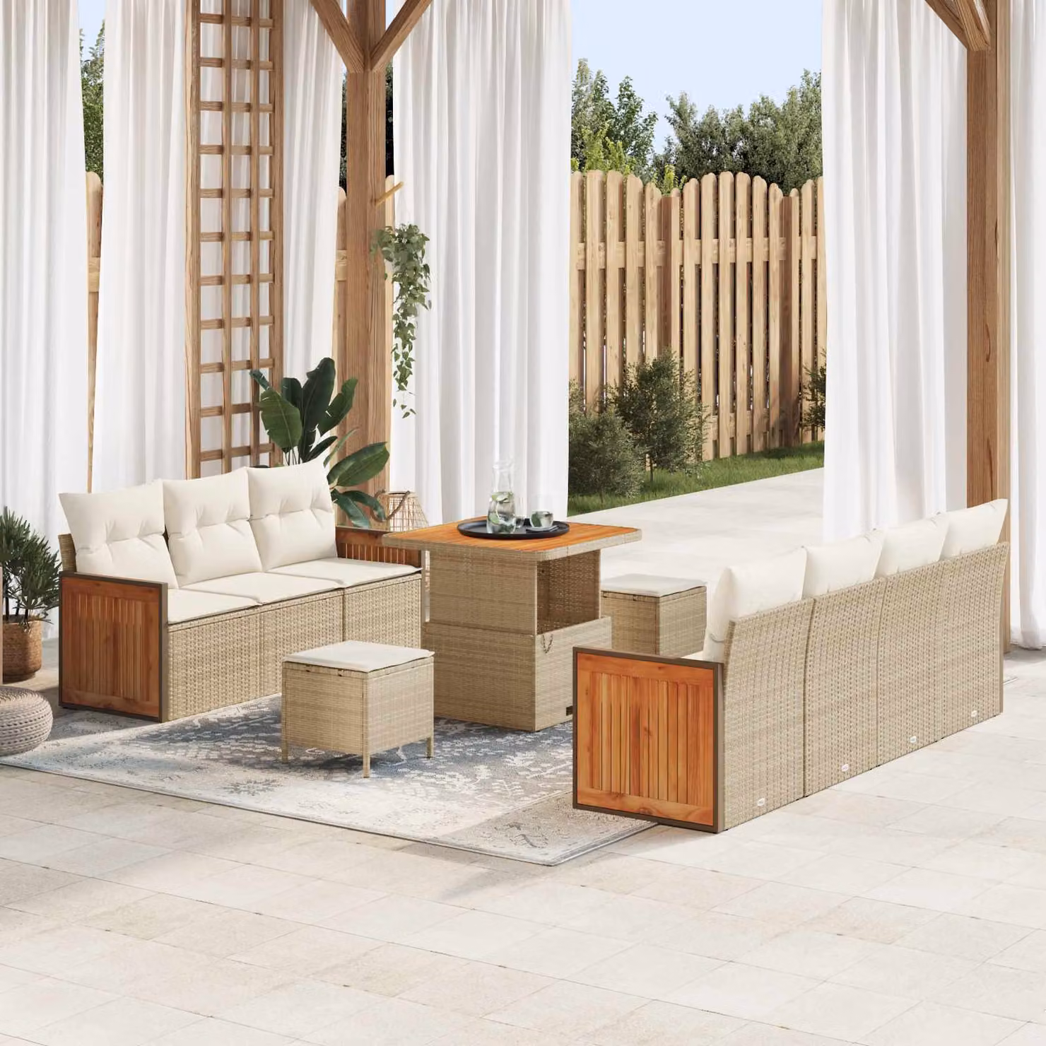 Set Divano da Giardino vidaXL 10 Pezzi con Tavolino e Cuscini Beige e Bianco – 1