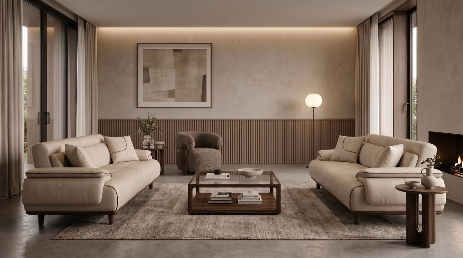 Set divano 3 pezzi: 2 divani a 3 posti, 1 poltrona. Design moderno, colore bianco, rivestimento in pelle