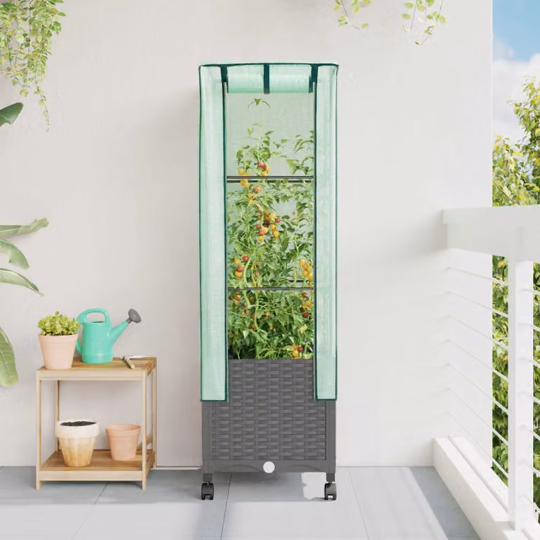 vidaXL Vaso da Giardino con Copertura per Serra e Ruote, Grigio Chiaro