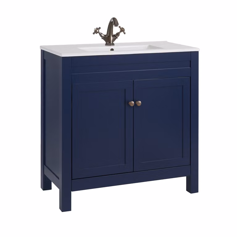 Mobile Bagno Blu Marino da 810mm con Lavabo e Maniglie Classiche Rotonde in Bronzo Spazzolato - Warwick