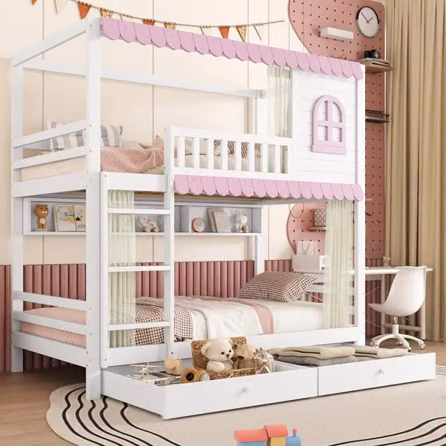 Letto a castello REDOM per bambini in legno e MDF con struttura a casetta, scala e cassetti, Bianco e Rosa, L/P/H: 200 x 90 x 185 cm