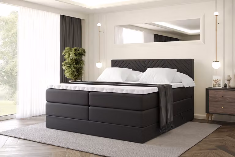 Letto boxspring ALTDECOR con materasso e rete a doghe, topper, letto imbottito con contenitore, letto con spazio contenitivo per materassi H3 e H4, letto matrimoniale, letto boxspring - VEXA KING - 140x200 - Ecopelle nera