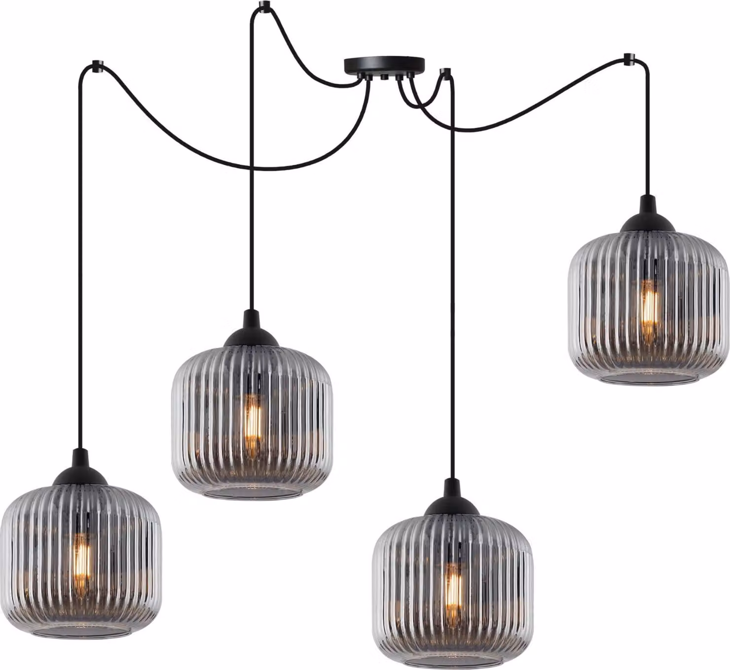 Lampada a sospensione RIFFLE spider nero 4 luci cilindro di vetro grigio E27