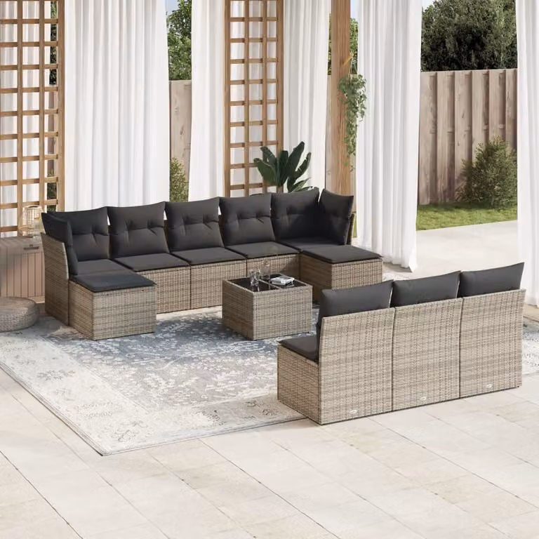 Set di divani da giardino vidaXL in polyrattan grigio con cuscini, tavolino e pouf, composizione a forma di U per esterno
