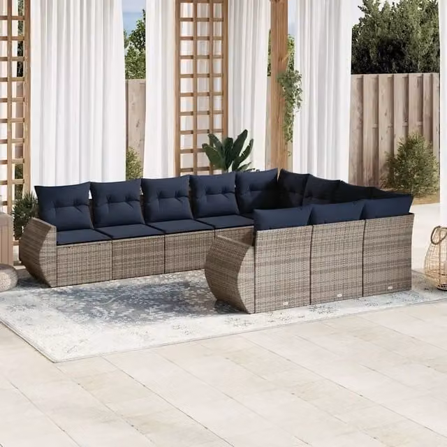 Set di divani da giardino vidaXL a forma di L in rattan con cuscini grigi e blu e struttura in metallo