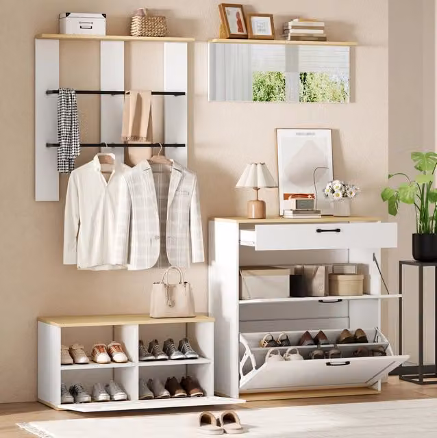 Set guardaroba 156x36x176 cm multifunzione con scarpiera pieghevole; MDF e truciolare; bianco e naturale